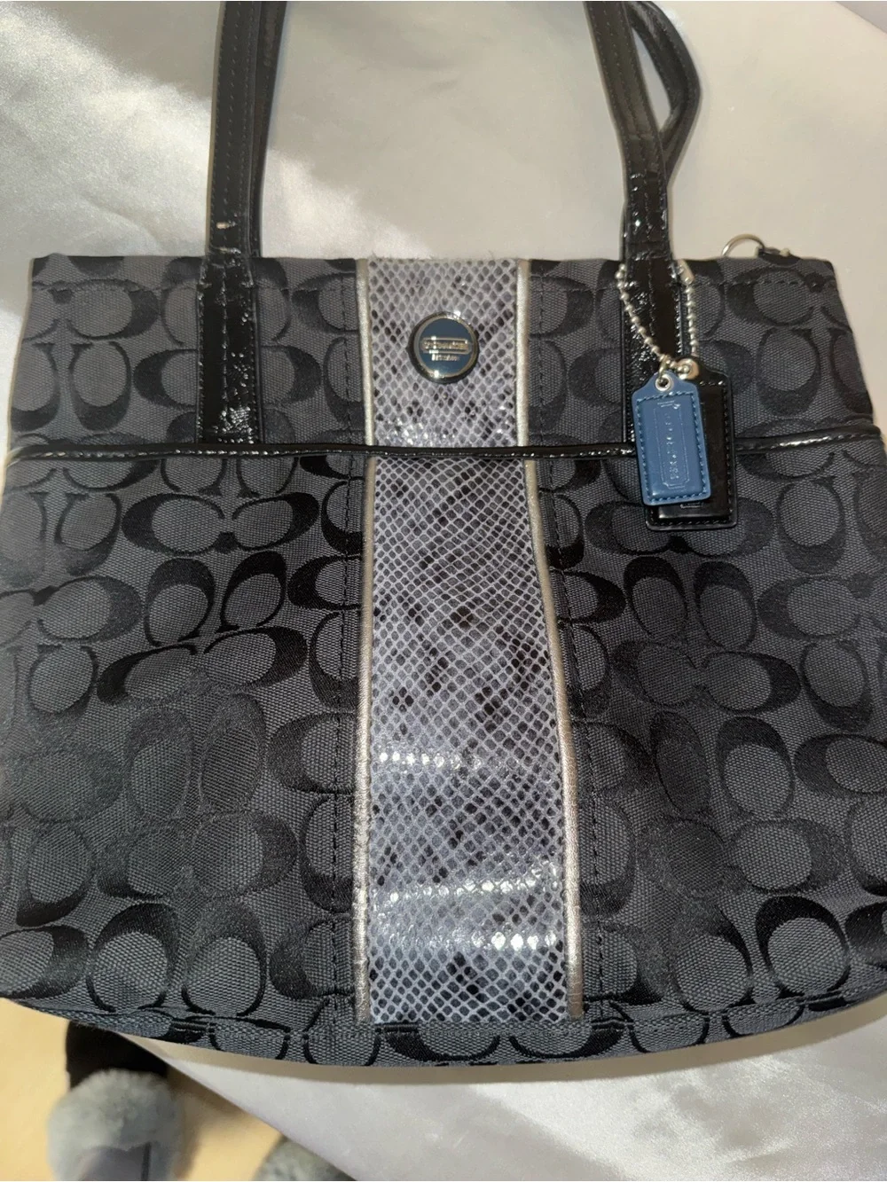 Coach Black Signature Canvas Tote with Blue Accent
